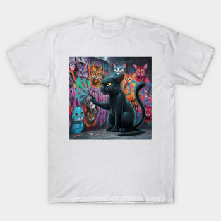 Sleek Black Cat Sprays Graffiti on Wall T-Shirt